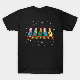 Santa Claus Budgies on Christmas Candy Cane Festive Holiday T-Shirt